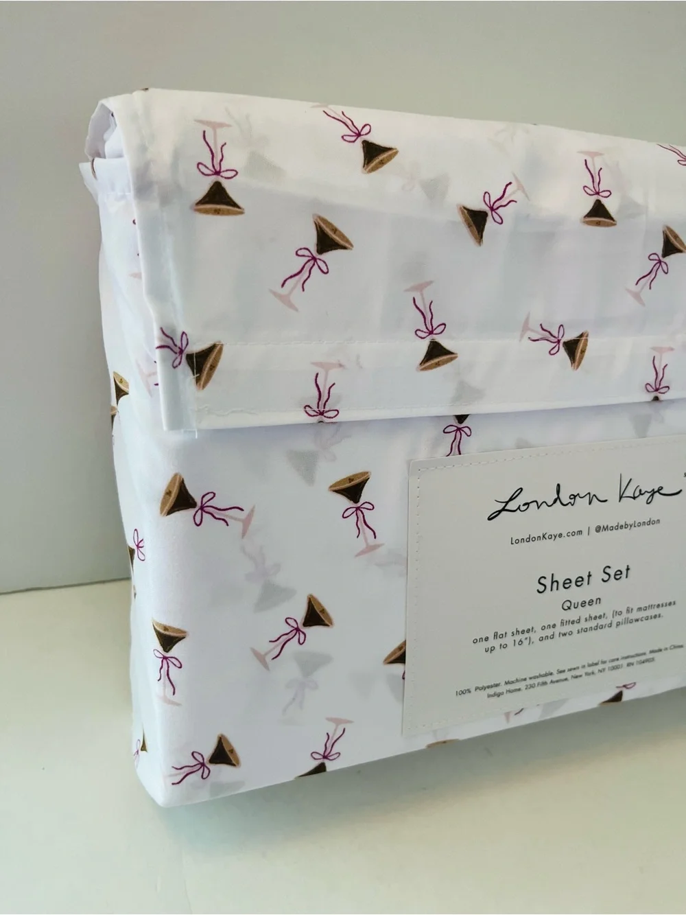 London Kaye Queen Sheet Sets Lot of 2 Petite Cherries & Cafe Espresso Martini